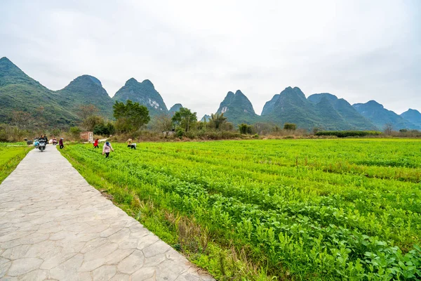 stock image Mountains and fields under a cloudy day 