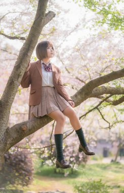 Doğu Gölü Kiraz Bahçesi 'nde bir kız, Wu Şehri, Hubei Bölgesi, Çin 