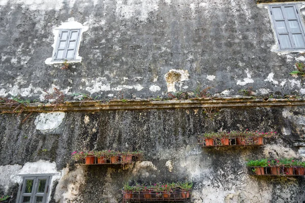 Eski Çin binalarının pencere ve çiçek standları