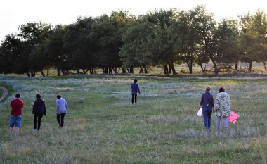 Yazın, birkaç kişi tarlada yürür..