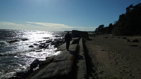 Homme Marche Long Remblai Près Eau — Photo