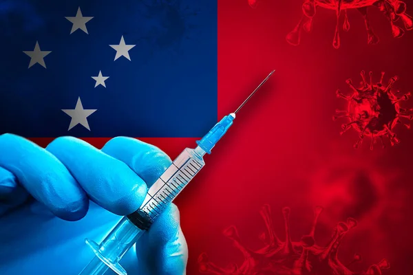 Samoa Covid Campaña Vacunación Una Mano Guante Goma Azul Sostiene — Foto de Stock