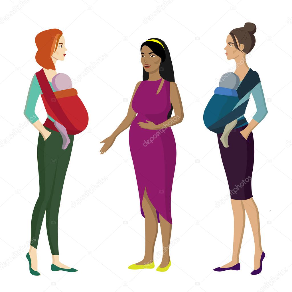 Two babywearing women with her baby in sling and one pregnant woman talking. Babywearing concept. Vector illustration.