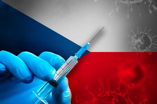 Czech Republic Covid Vaccination Campaign Una Mano Guante Goma Azul — Foto de Stock