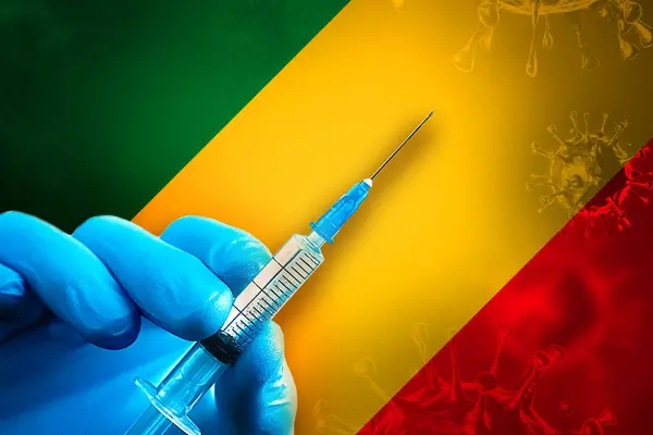 Congo Covid Campaña Vacunación Una Mano Guante Goma Azul Sostiene — Foto de Stock