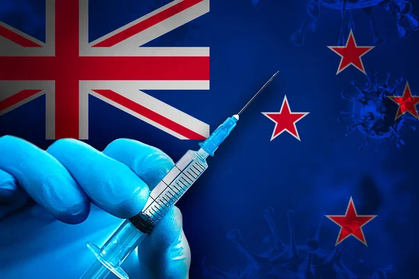 New Zealand Covid Vaccination Campaign Hand Blue Rubber Glove Holds — Stock Photo, Image