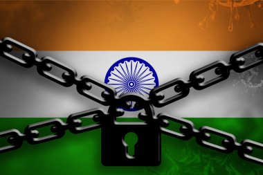 Hindistan ulusal bayrağına zincir ve kale kilitlenmesi, turizme yasak. COVID 19 tecrit. Coronavirus karantinası