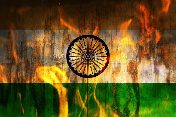 Quarantine in India. COVID-19 Indian lockdown. Fire burning flag of India. Coronavirus crisis concept — Stock Photo, Image