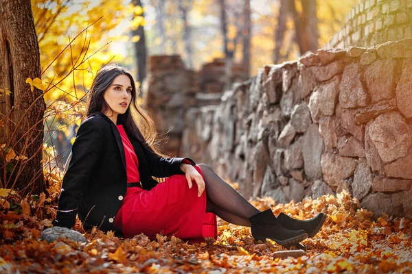 Молодая красивая женщина позирует в осенней листве под открытым небом — стоковое фото