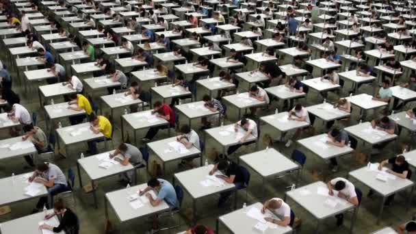 Examen de estudiantes de grupo en sala grande — Vídeos de Stock