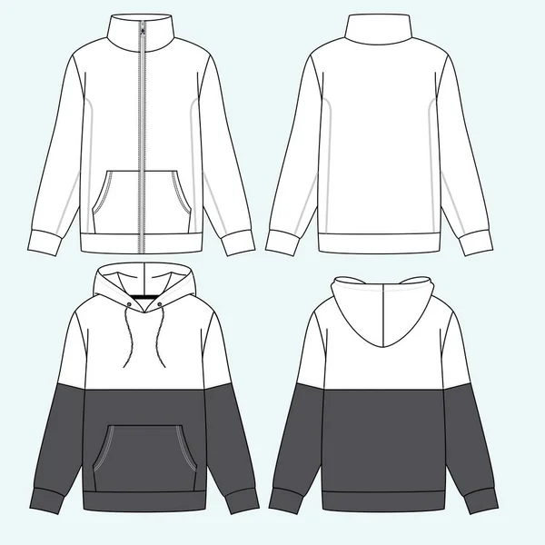 Hoodie Fashion Flat Sketches Dibujos Técnicos Paquete Tecnológico Plantilla Vectorial — Vector de stock