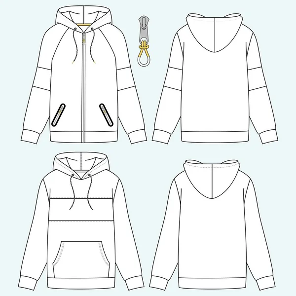 Hoodie Fashion Flat Sketches Technical Drawings Tech Pack Illustrator Vector — Stock Vector