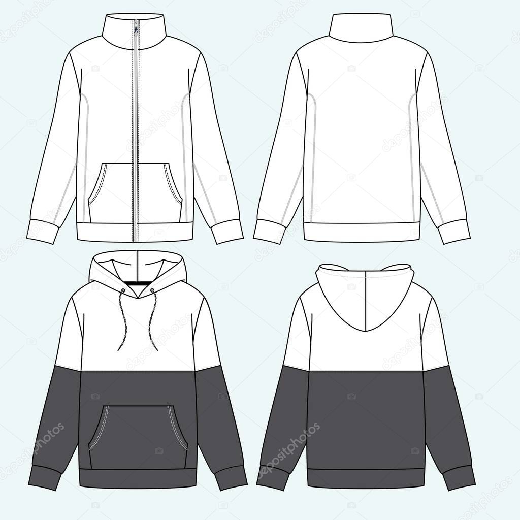 HOODIE FASHION FLAT SKETCHES technical drawings tech pack Illustrator vector template