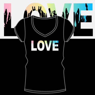 Arka planda gökkuşağı olan aşk metni. Aşkı logo, rozet, simge ve yama olarak el çizimi harflerle. Sevgililer Günü için şablon, davetiye, parti, tebrik kartı, ağ, hippi, lgbt topluluğu.