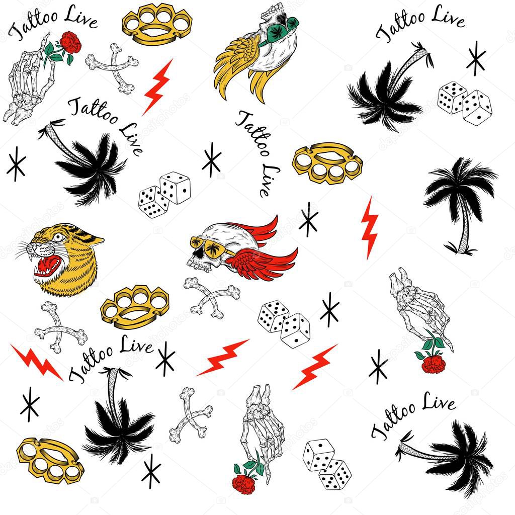 Set of vector illustrations on the theme of surfing, Hawaii, skull tattoo, tigers and palms, vacation on a light background.