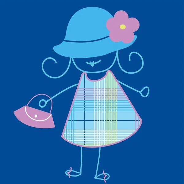 ブロンド女の子人形おもちゃでカラフルなドレス上の青の背景 — ストックベクタ