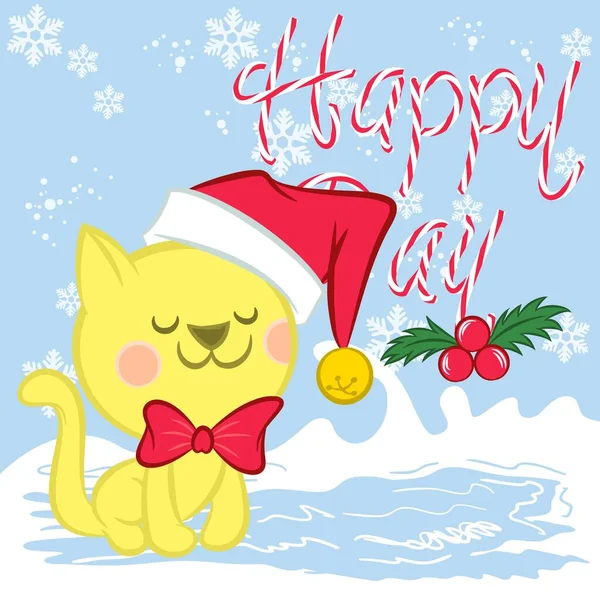 Personaje Dibujos Animados Christmas Cat Kitten Lindo Gatito Pie Sobre — Vector de stock