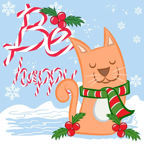 Personaje Dibujos Animados Christmas Cat Kitten Lindo Gatito Pie Sobre — Vector de stock