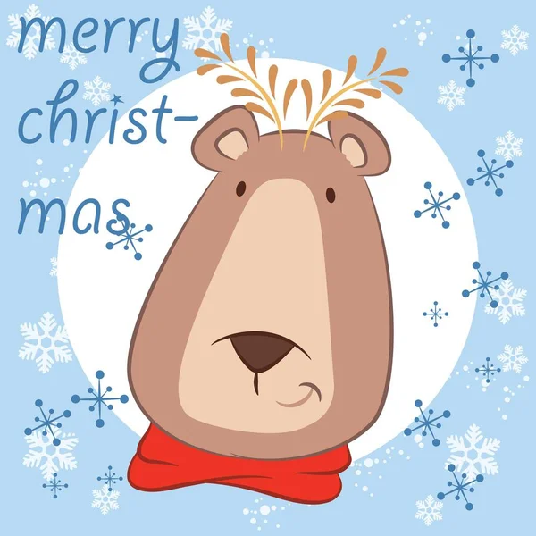 Ilustración Vector Lindo Oso Con Cuernos Texto Feliz Navidad — Vector de stock