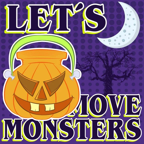 Halloween Party Card Design Vector Illustration Cute Monster Text Moon — Stock Vector