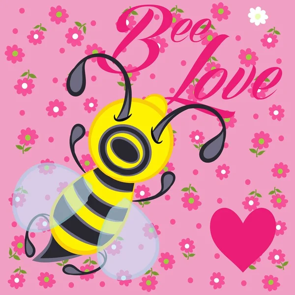 图解向量可爱蜜蜂与心脏和文字为背景 — 图库矢量图片