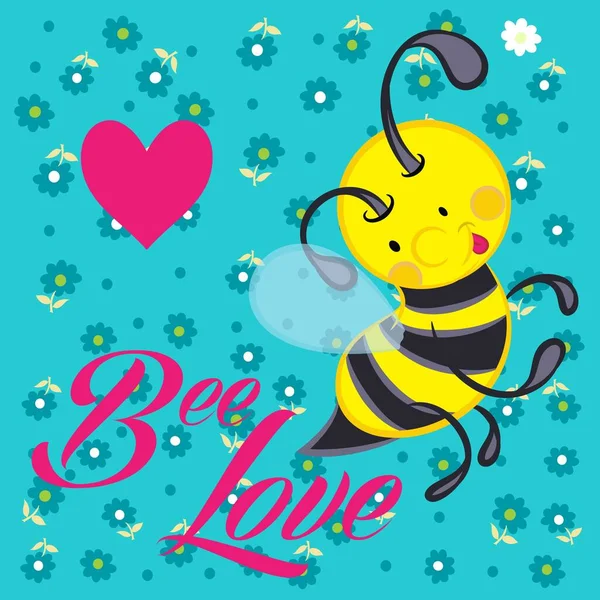 イラストベクトルかわいい蜂とハート テキストを背景に — ストックベクタ