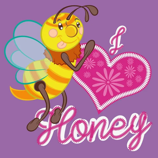 Ilustración Vector Abeja Linda Con Corazón Texto Fondo — Vector de stock