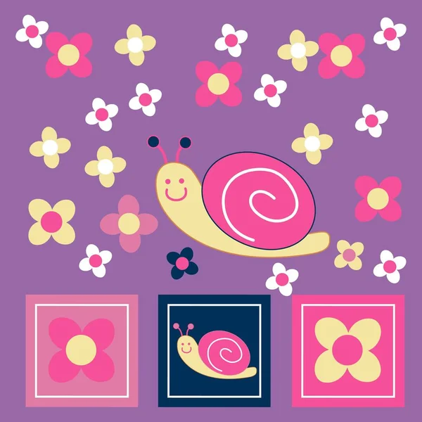 Illustration Vecteur Escargot Mignon Avec Des Fleurs Des Amis Pour — Image vectorielle