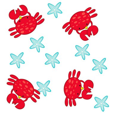 Moda tasarımı veya diğer ürünler için arka planı olan sevimli yengeç ve deniz yıldızı tasvirleri