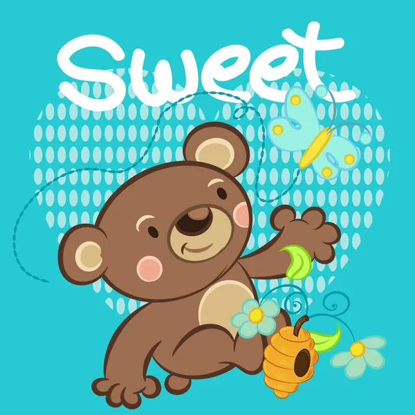 Ilustración Vector Lindo Oso Con Miel Texto Para Diseño Moda — Archivo Imágenes Vectoriales