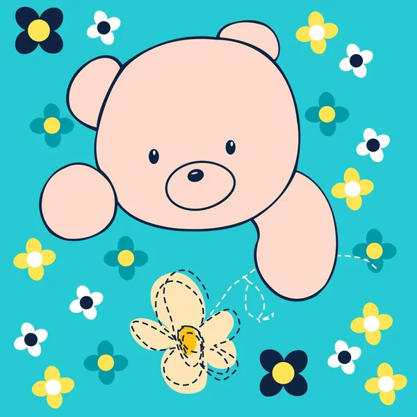Illustrationsvektor Niedlicher Teddybär Mit Blumen Und Text Für Modedesign Oder — Stockvektor