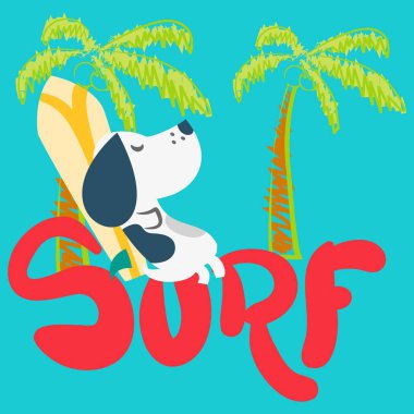 Moda tasarımı için metin ve arkaplanı olan köpek sörfçüsü