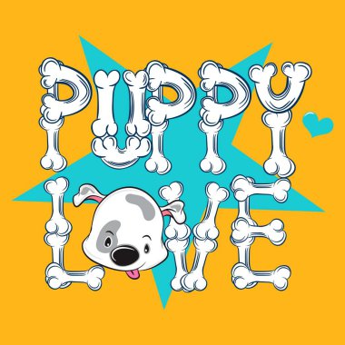Moda tasarımı için kemikli, metin ve arkaplan çizimi sevimli köpek yavrusu