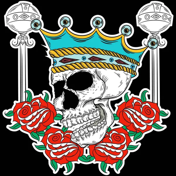 Ilustracja Wektor Czaszka Grzebieniem Króla Róże Tatuaż Styl — Wektor stockowy