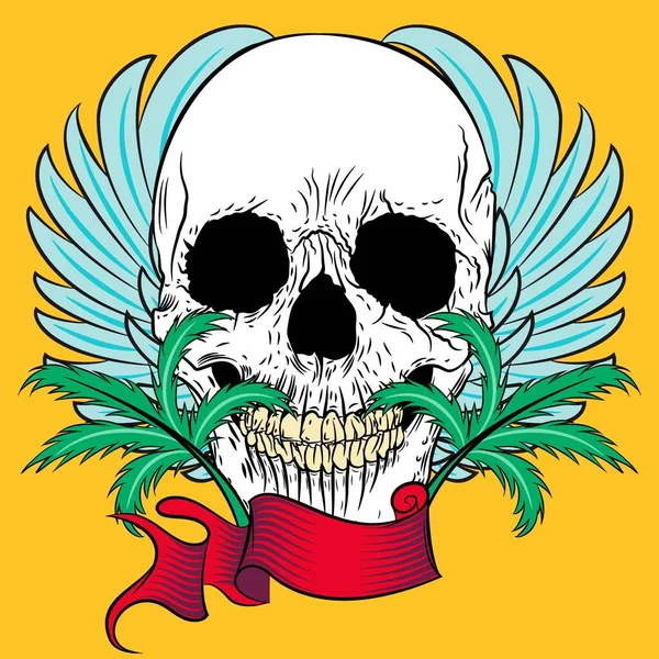 Totenkopf Mit Flügeln Und Blättern Rotes Band Hintergrund — Stockvektor