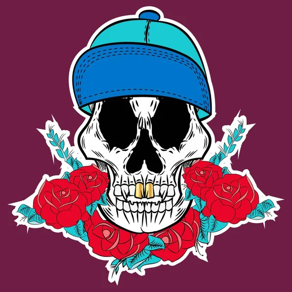 Cráneo Con Tapa Fondo Rosas Rojas — Vector de stock