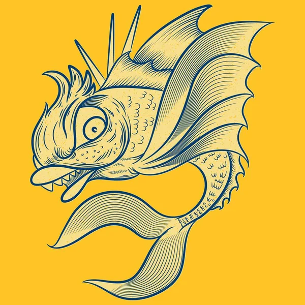 Рыбный Дизайн Стилем Татуировки Дизайна Одежды Желтого Фона — стоковый вектор