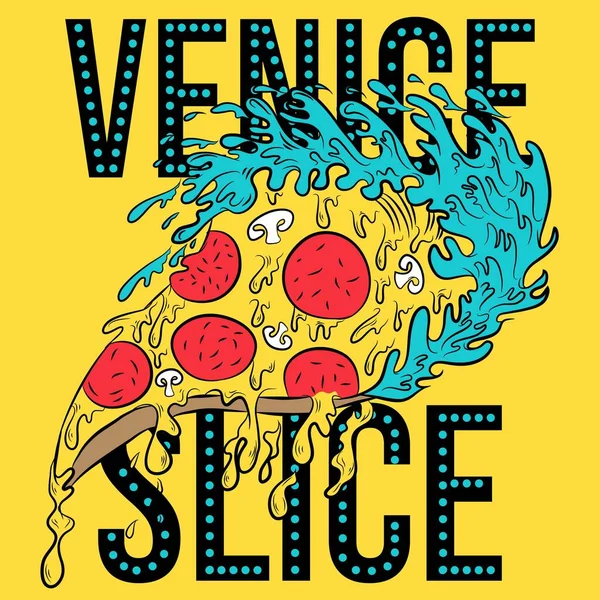 Wave Shaped Pizza Text Venice Slice Yellow Background — Stock Vector