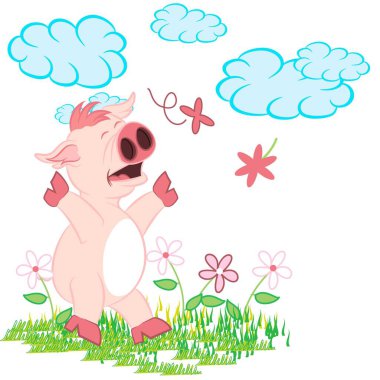 Ağlayan domuzun, bulutların ve çiçeklerin şirin baskısı.