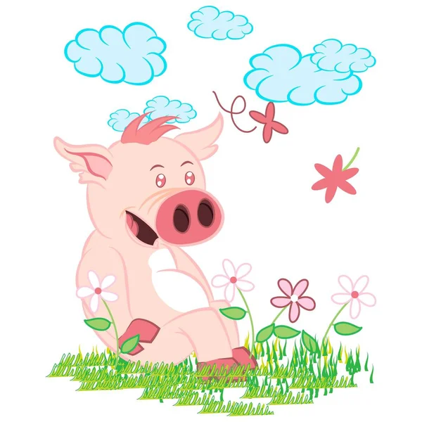 芝生や雲や花にかわいい豚のプリント — ストックベクタ