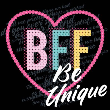 Renkli metin, pembe kalp ve siyah arkaplan içeren kolej tarzı baskı