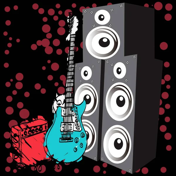 Impresión Guitarra Eléctrica Con Cuernos Fondo Negro Puntos Rojos — Vector de stock
