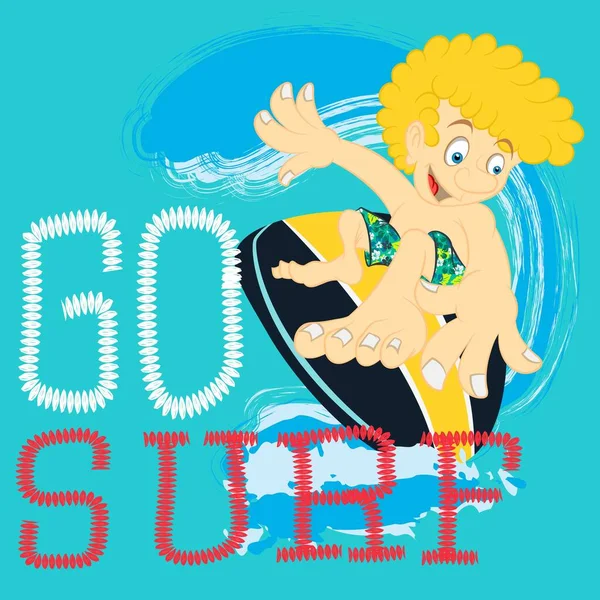 Cartone Animato Giovane Uomo Surf Testo — Vettoriale Stock