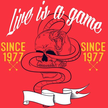 yılan ve kafatası, metin ve kırmızı arkaplan