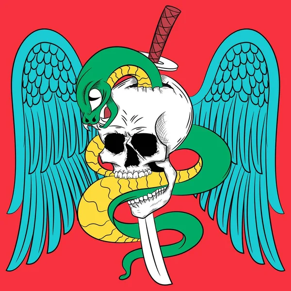 蛇和骷髅剑蓝翼背景 — 图库矢量图片