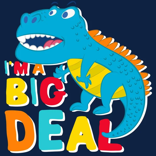 Cartoon Funny Dinosaur Text Colorful Navy Blue Background — Stock Vector