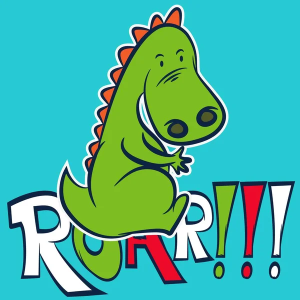 Смешной Зеленый Динозавр Мультфильм Текст Синий Фон — стоковый вектор