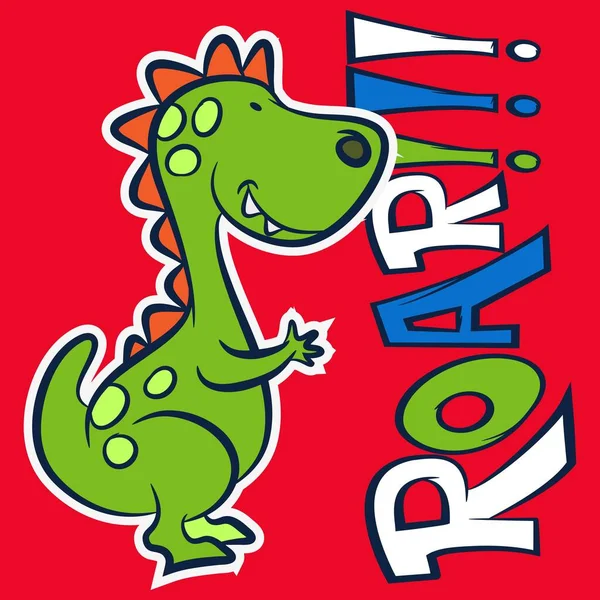 Funny Cartoon Green Dinosaur Colorful Text Red Background — Stock Vector