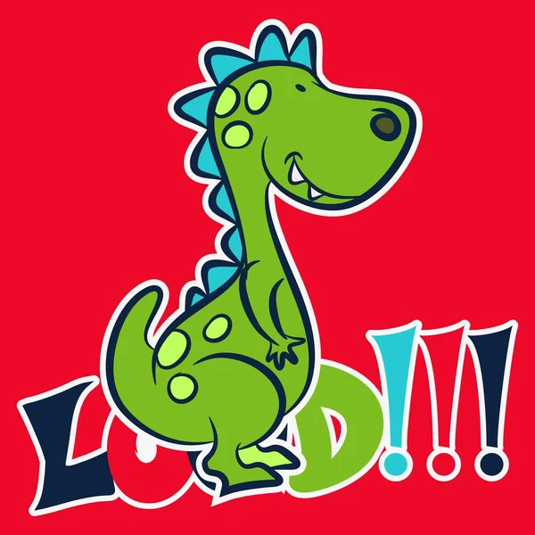 かわいい漫画緑の恐竜 カラフルなテキストと赤の背景 — ストックベクタ