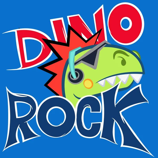 Roztomilý Dinosaurus Punk Brýlemi Sluchátky Text Modré Pozadí — Stockový vektor